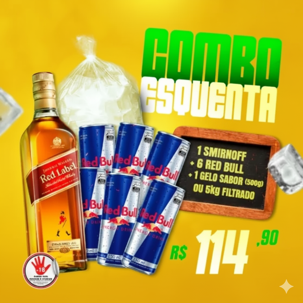Combo Red Label (Whisky Red Label 1L + 6 Red Bull 250ml + Gelo)